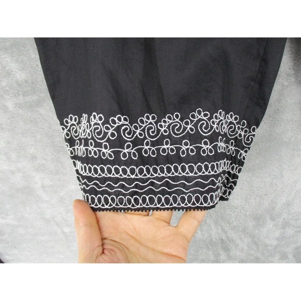Vintage Georgiou Studio Pants Womens Size S Linen Embroidered Hem Wide Leg Black